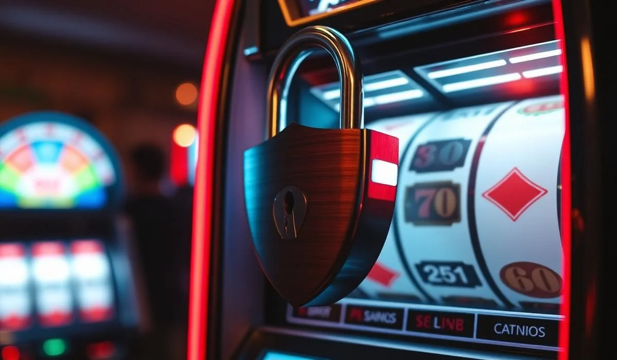 Candado y escudo sobre maquina de slots: seguridad en casas de apuestas extranjeras